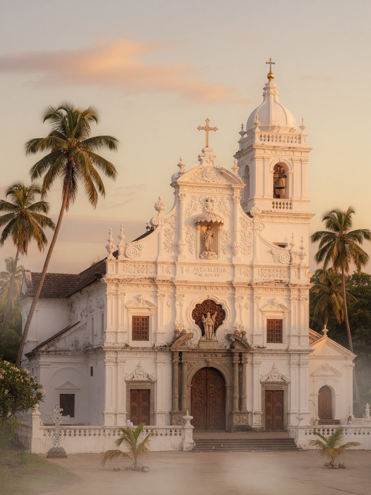 Serene church exterior at warm golden hour
